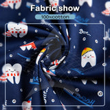 Close-up of 100% cotton fabric featuring colorful dental-themed prints for nurse scrubs.