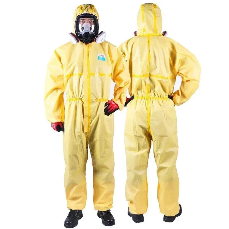 Yellow chemical resistant work coverall protective suit with mask, waterproof and windproof design for safety and utility.