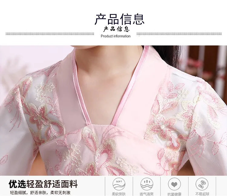 Modern Fairy Hanfu dress for girls featuring elegant floral embroidery and lightweight polyester material.