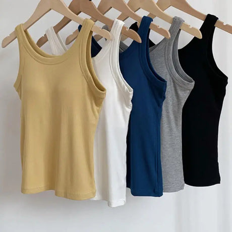 SlimCotz™ padded cotton spaghetti camis in yellow, white, navy, grey, and black – breathable summer vests for women.