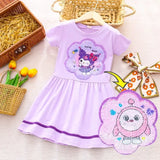 Girls summer dress in light purple with cartoon character design, knee-length style, perfect for ages 4-6 years.