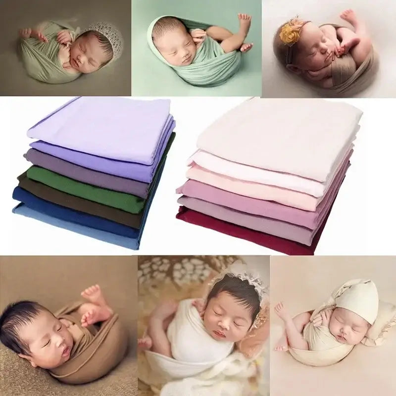 Blanket photo shoot backdrop featuring colorful solid blankets and newborns wrapped in soft materials.