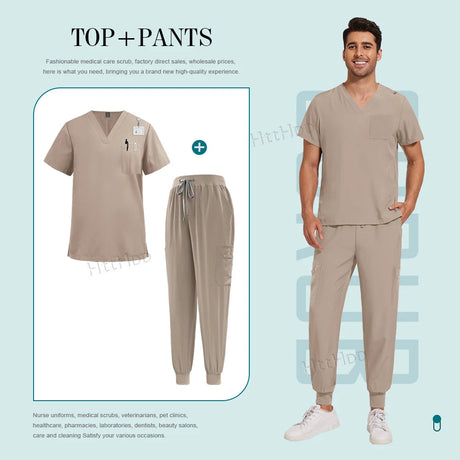Unisex nurse surgical scrub suit jogger set in beige, featuring breathable fabric and pockets, ideal for medical and salon professionals.