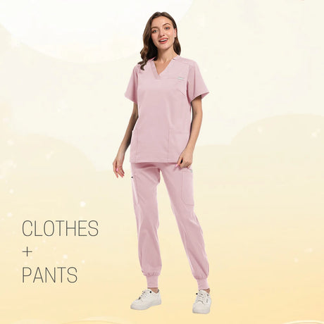 Multicolor scrub set for women, featuring short sleeve top and pants in pink color.
