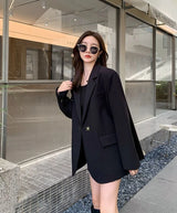 DrapeForm™ – Longline Loose Blazer (Youthful Black Jacket, Layered Elegance)