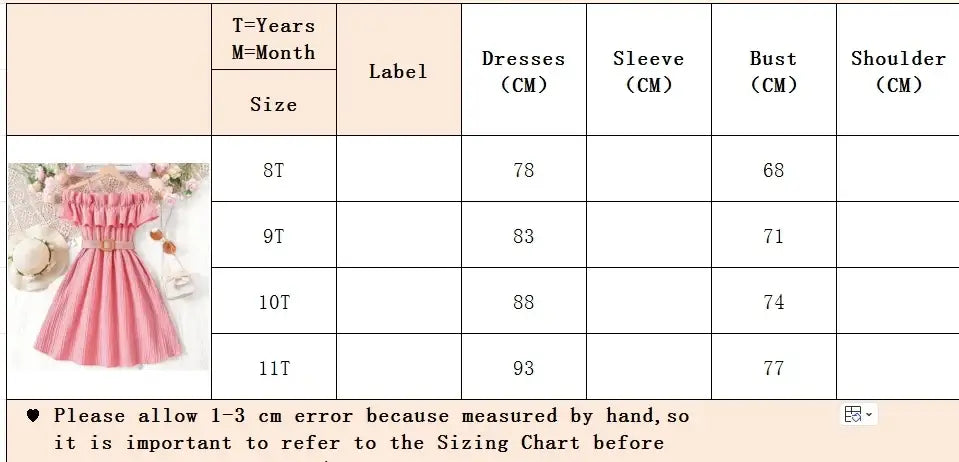 Size chart for girls casual dresses, detailing measurements for sizes 8T to 11T in cm.