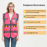 High visibility pink safety vest for women with multiple pockets and reflective tape, perfect for work uniforms.