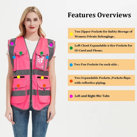 High visibility pink safety vest for women with multiple pockets and reflective tape, perfect for work uniforms.