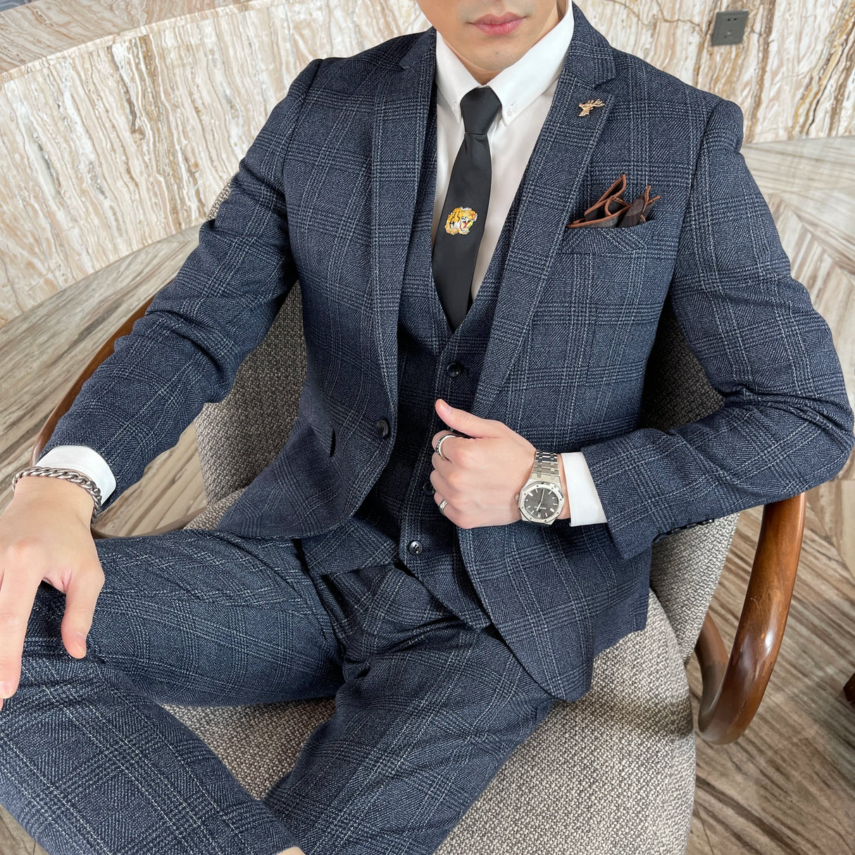 Men Plaid 3-Piece Business Suit