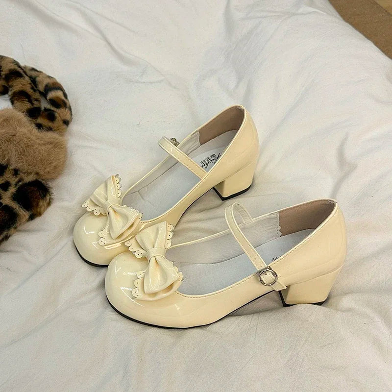 Lolita Round Toe Pumps – Cute Bow Midi Heels 2025