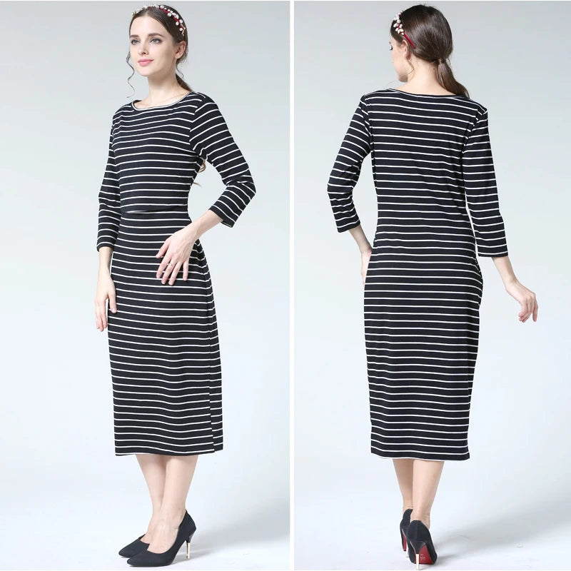Postpartum nursing maternity dress with 3/4 sleeves, striped design, knee-length, ideal for breastfeeding and comfortable wear.