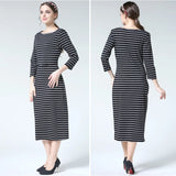 Postpartum nursing maternity dress with 3/4 sleeves, striped design, knee-length, ideal for breastfeeding and comfortable wear.