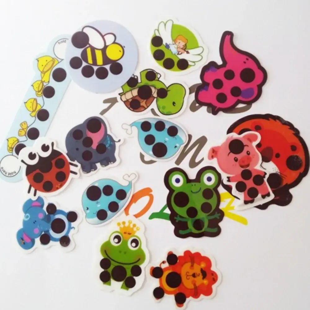 Colorful reusable forehead temperature stickers featuring animals and fun designs for children.