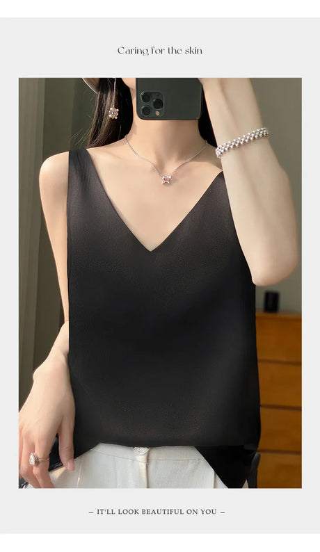 Elegant black V-neck camisole, showcasing summer style and comfort for women, perfect for casual or office wear.