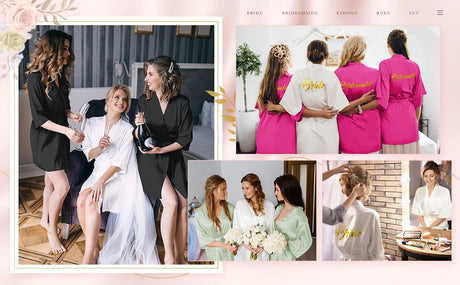 Group of women in stylish satin robes celebrating a wedding shower, showcasing various colors and designs.