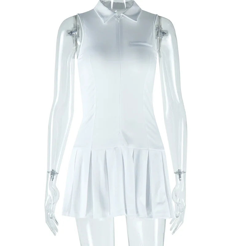 Women’s White Lapel Pleated Dress