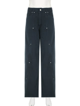 Women Low-Waist Rivet Wide Jeans