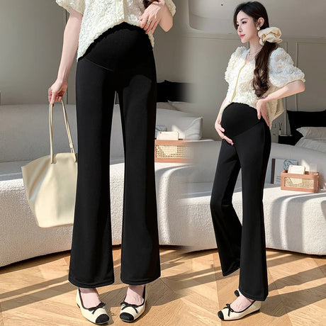 Y2K Bootcut Maternity Pants in Ice Silk, perfect for summer, featuring a stylish black design for comfortable fit.