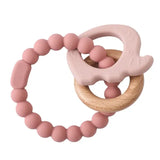 Soft silicone baby teether gloves with a wooden ring, safe for infants to relieve teething pain.