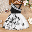 Toddler girl summer dress featuring asymmetrical collar and butterfly pattern, ideal for ages 1-8.