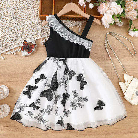 Toddler girl summer dress featuring asymmetrical collar and butterfly pattern, ideal for ages 1-8.