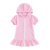 Toddler girls short sleeve pink hooded dress with zipper and ruffled hem, perfect for ages 1-3 years.