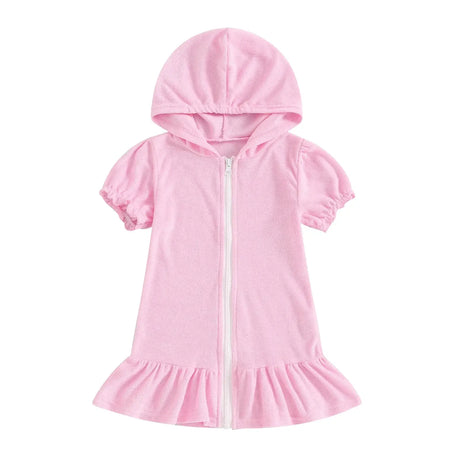 Toddler girls short sleeve pink hooded dress with zipper and ruffled hem, perfect for ages 1-3 years.
