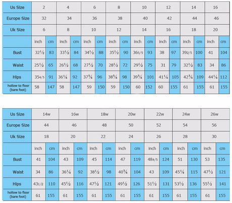 Size chart for women's wedding dresses displaying US, Europe, and UK sizes along with bust, waist, and hip measurements.