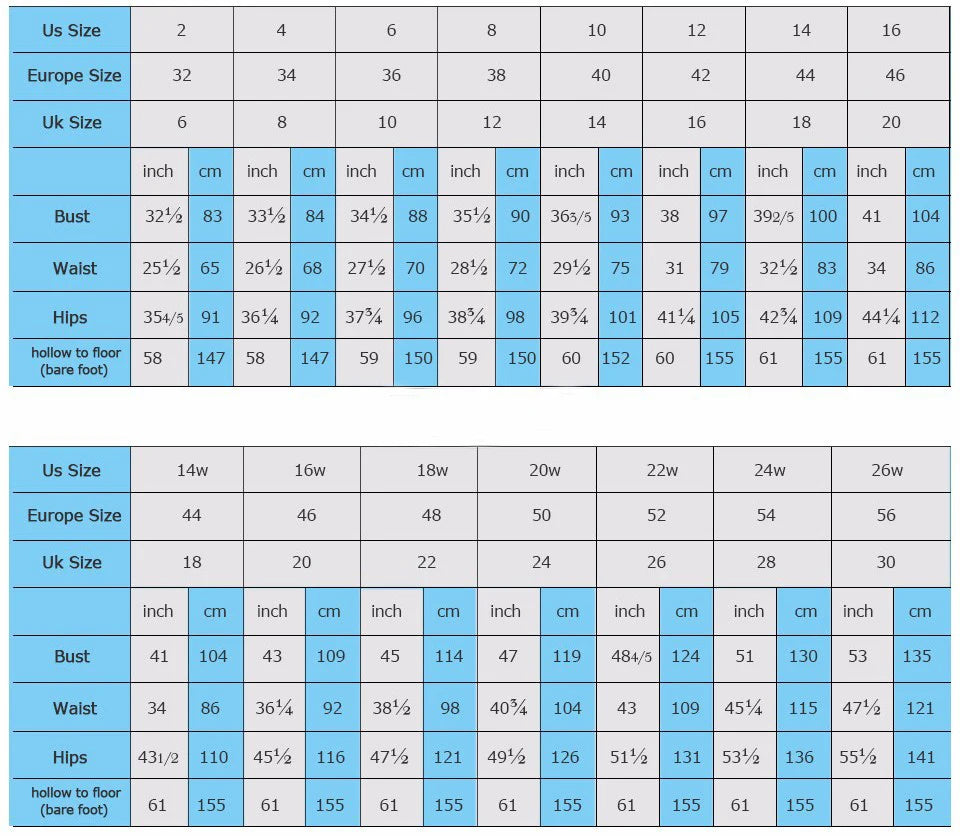 Size chart for wedding dresses including US, Europe, and UK measurements for bust, waist, and hips.