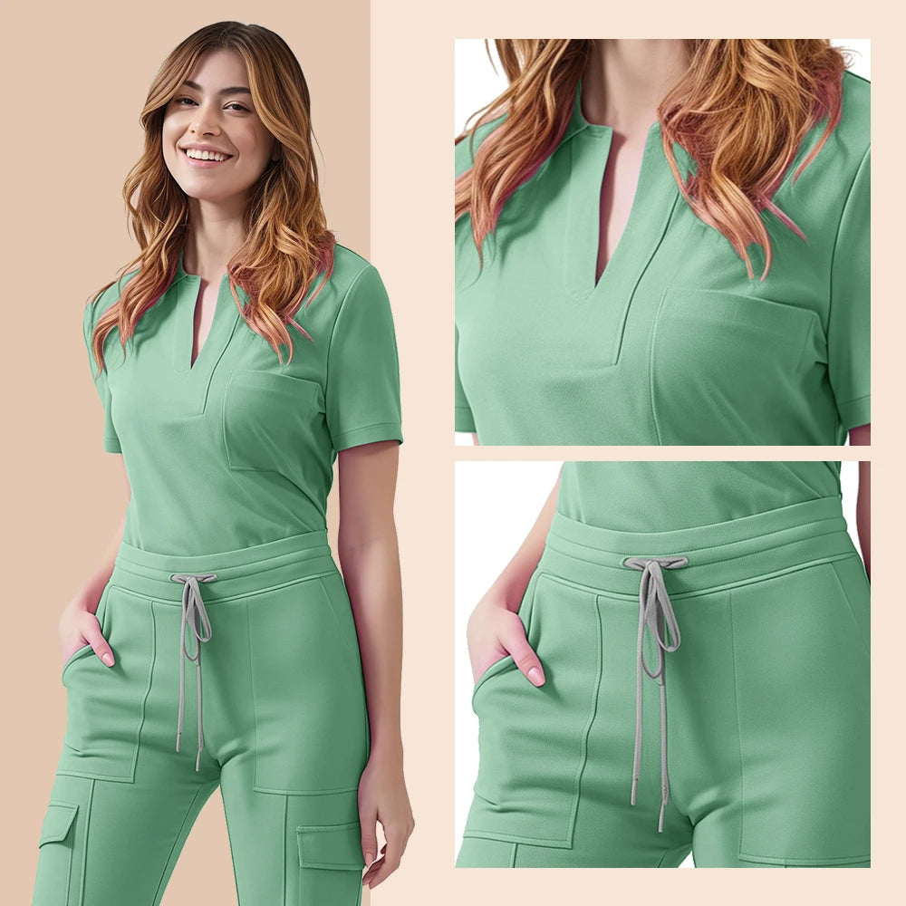Women’s green medical scrub set featuring a pocket top and pants, ideal for nursing and healthcare professionals.