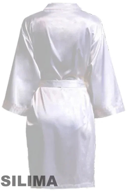 Back view of a women's satin robe, knee-length, in white, perfect for bridal parties and special occasions.
