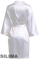 Back view of a women's satin robe, knee-length, in white, perfect for bridal parties and special occasions.
