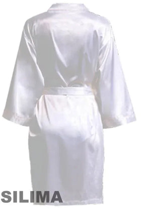 Back view of a women's satin robe, knee-length, in white, perfect for bridal parties and special occasions.