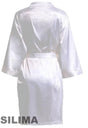 Back view of a women's satin robe, knee-length, in white, perfect for bridal parties and special occasions.