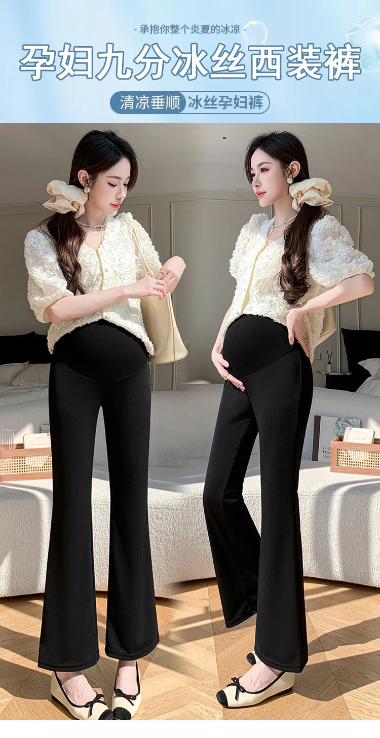 Y2K Bootcut Maternity Pants in Ice Silk, perfect for summer, featuring a stylish, comfortable fit for women.