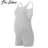 Sleeveless ribbed maternity jumpsuit in gray, made of cotton and spandex, perfect for summer casual wear.