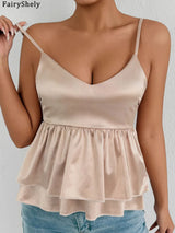 Ruffle strap V-neck backless crop top in beige, perfect for summer, featuring a flared hem and soft fabric.