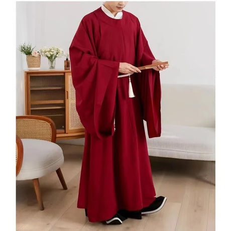 Unisex Classic Tang Dynasty Hanfu Robe in deep red, featuring wide sleeves and traditional design, styled for men.