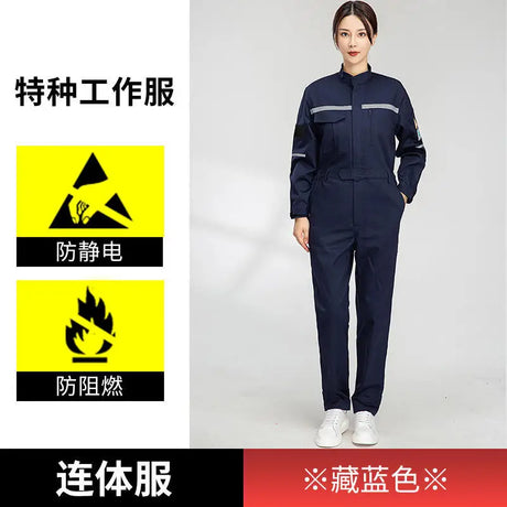 Anti-static flame-resistant welding suit in pure cotton, worn by model, showcasing safety features and quality design.