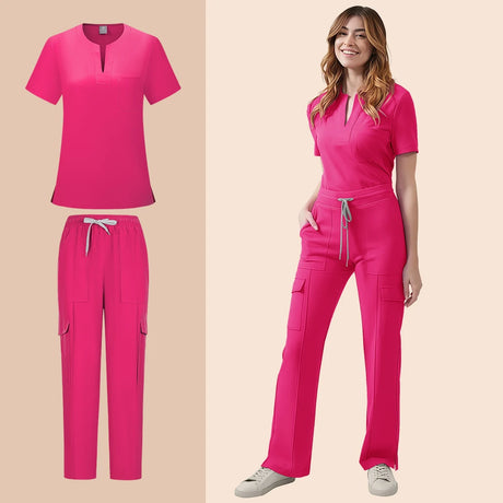 Women's pink medical scrub set featuring pocket top and matching pants for nurses and healthcare professionals.