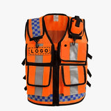 Adjustable mesh safety vest in bright orange with reflective strips for visibility, designed for utility and safety.