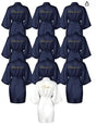 Collection of navy satin robes with 'Bridesmaid' text and a white robe labeled 'Bride' for wedding festivities.