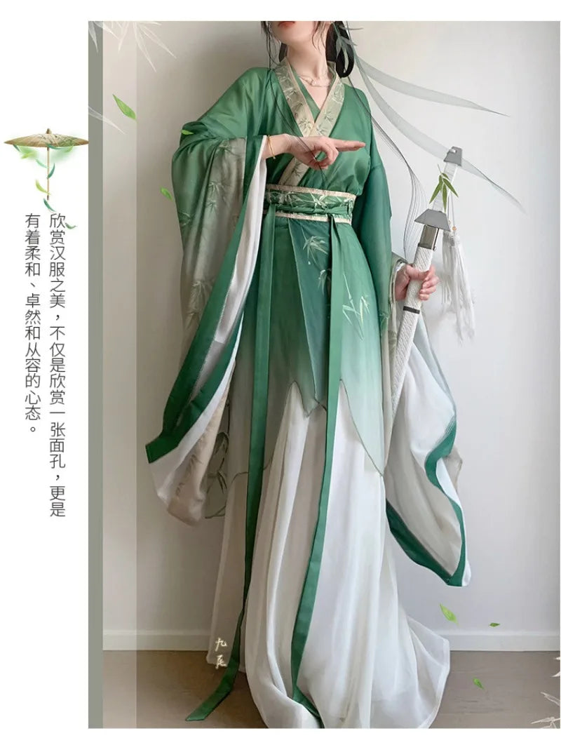 Bamboo green Hanfu dress with large sleeves and intricate design, perfect for parties and traditional events.