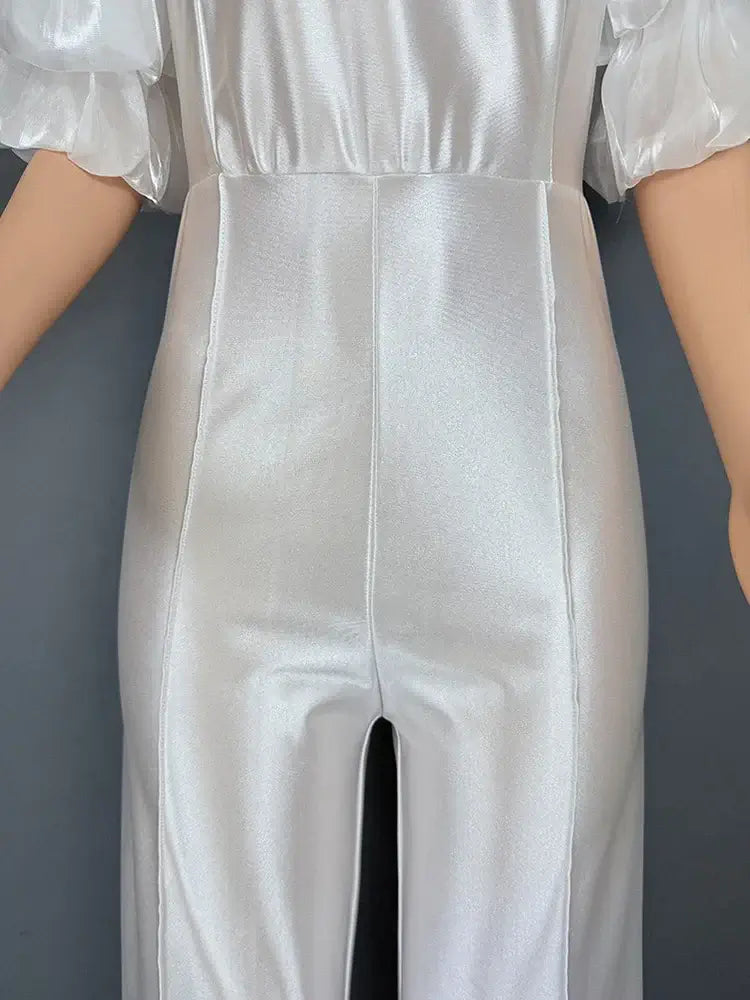 Women Satin Puff Sleeve Party Jumpsuit