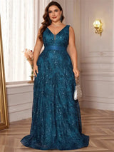 Women Plus Size V-Back Sequin Evening Cocktail Dress