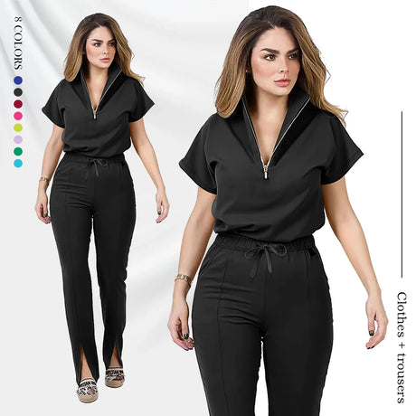 Women's medical scrub set featuring a stylish zipper top and tapered pants available in 8 colors.