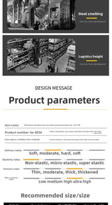 Product parameters for Anti-Static Flame-Resistant Welding Suit, featuring softness, elasticity, and thickness specifications.