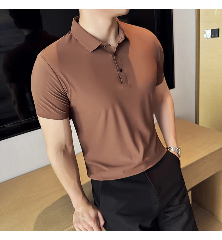 Men Ice Silk Polo Shirt Brown Top