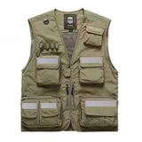 Reflective utility vest with multiple pockets for outdoor work, beige color, ideal for active environments.