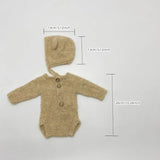 Newborn photo romper set with bear bonnet and toy, solid beige, suitable for 0-1 year old baby photography.